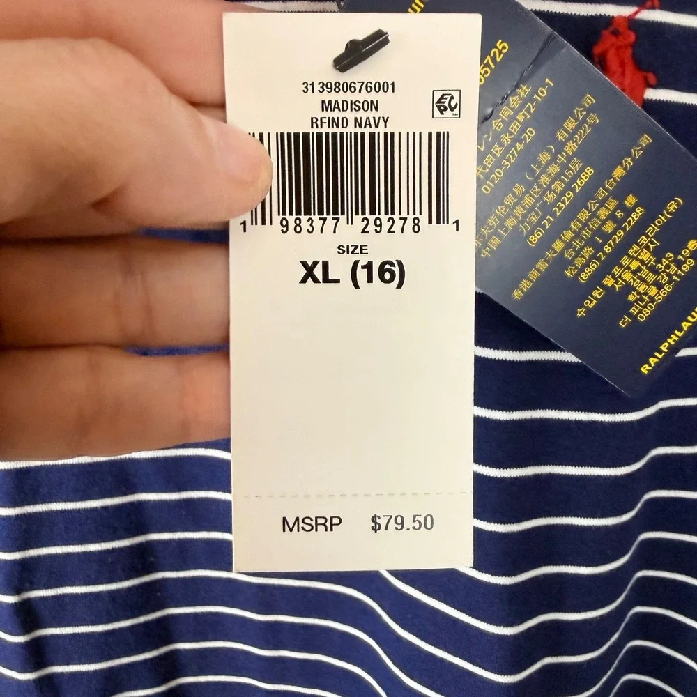 Polo Ralph Lauren Girls XL 16 Navy‎ Striped Mock Neck Pleated Madison Dress NEW
